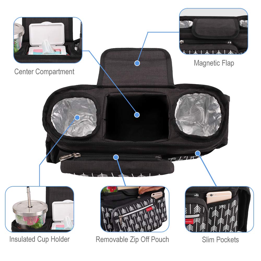 Lekebaby Baby Stroller Organizer with Insulated Cup Holders Universal Fit for All Baby Stroller Models Ultimate Accessory for Parents On-The-go, Arrow Print, Black : Baby