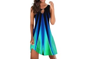 HUNENY Summer Dress for Women Floral Print Sleeveless Casual Loose Swing Hollow Out Crewneck Beach Boho Mini Dress