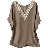 MakeMeChic Women's Boho Retro Plus Size Contrast Lace Blouse V Neck Dolman Sleeve Shirt Tops