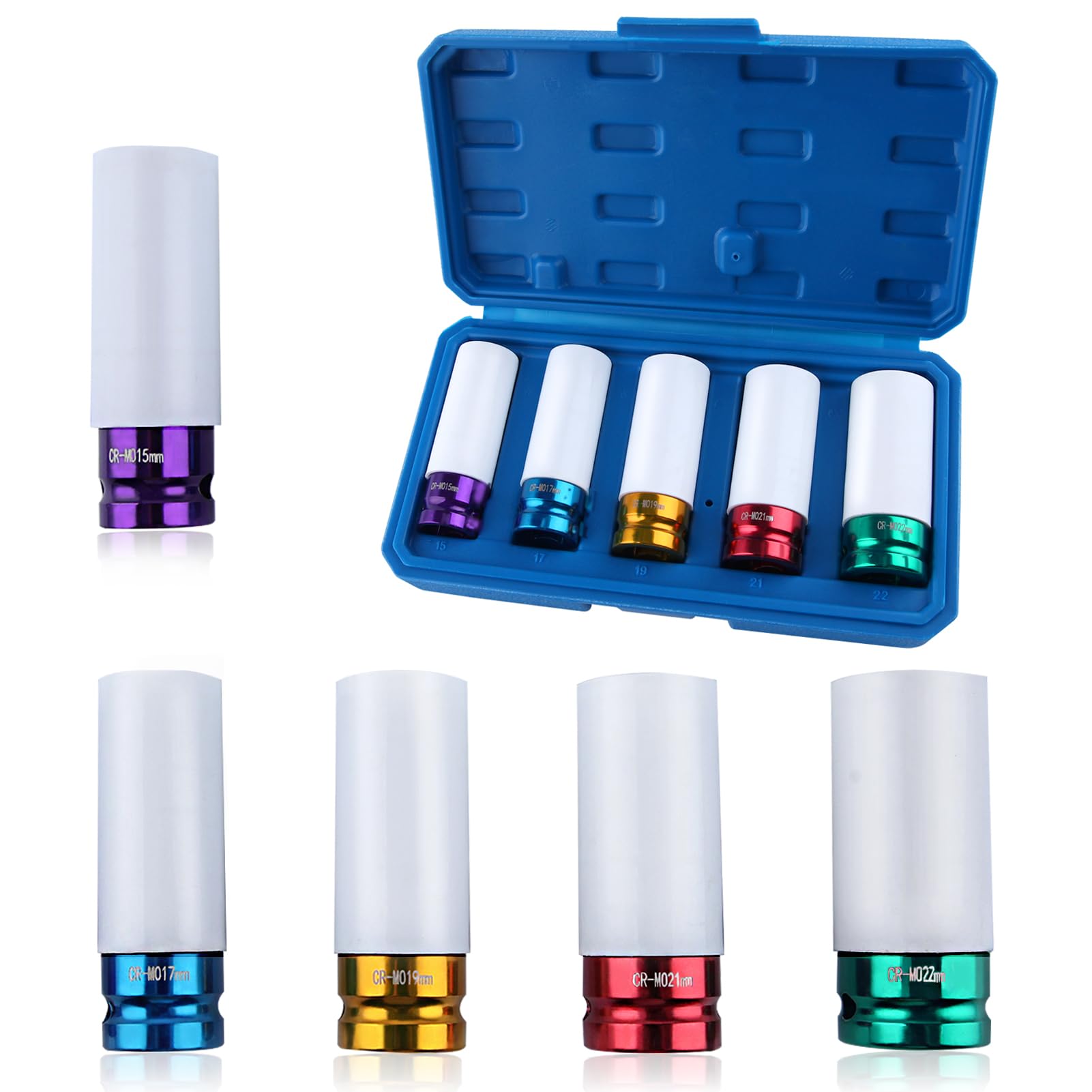 LEONTOOL 5 Pcs 1/2 Inch Drive Deep Impact Socket Set Metric, Non-Marring Protective Wheel Lug Nut Impact Socket, Thin Wall Deep Impact Socket Set 6 Point, 15mm, 17mm, 19mm, 21mm, 22mm, CR-MO