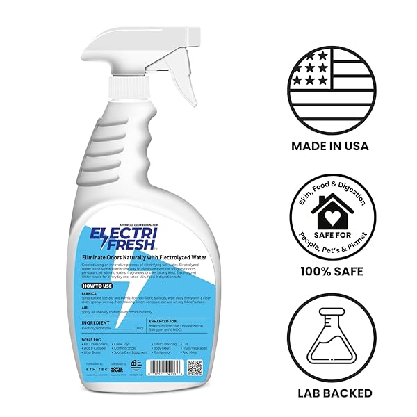 ELECTRIFRESH ODOR ELIMINATOR, 32OZ SPRAY, INSTANTLY & PERMANENTLY DISMANTLES SMELLS FROM DOGS, CATS, PET, FURNITURE, FABRIC, BATHROOM, GARBAGE, FRESHENER, DEODORIZER, ALL PURPOSE, MADE IN THE USA