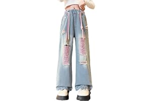 NABER Kids Girls Elastic Waist Cool Ripped Jeans Washed Denim Wide Leg Ripped Denim Jean Age 5-15 Years