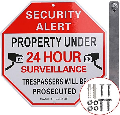 Nalutar Video Surveillance Sign Board with Accessories, Octagon 12.6"x12.6" - Red White