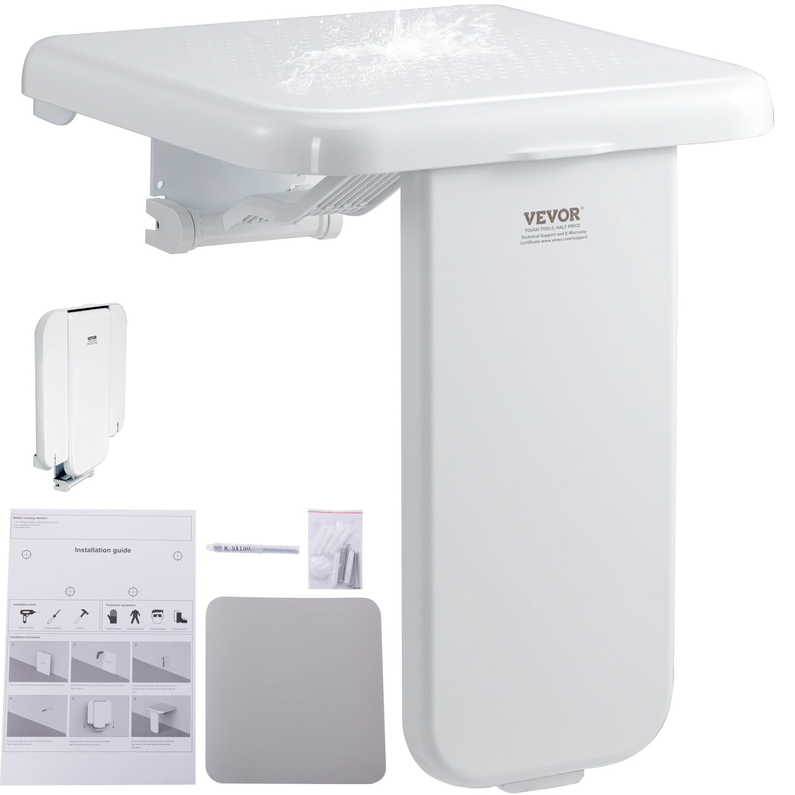 Photo 1 of VEVOR Folding ABS Shower Seat, 15.7'' x 16.7'' Unfolded, Wall Mounted Fold Up Shower Bench with 440 lbs Load Capacity, Space Saving Fold Down Shower Chair for Seniors Pregnant Women Children Adults