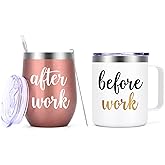 Gtmileo Before Work After Work Gift Set, Christmas Office Work Gifts for Coworkers Employees Female Boss Lady Women Friends Manger, 12oz Insulated Coffee Mug Wine Tumbler Set（Rose Gold&White