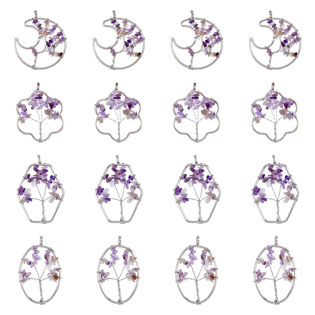 DICOSMETIC 8Pcs 4 Styles Gemstone Charms Natural Amethyst Tree of Life Pendants Flower Moon Oval Hexagon Copper Wire Wrapped Chip Stone Pendants Birthstone Charms for Jewelry Making, Hole: 6.2mm