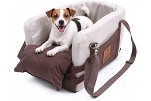 JZXOIVA Console Dog Car Seat & Travel Bed for Small/Medium Dogs, Booster Dog Car Seat with Safety Tether, Non-Slip Base, Washable Cover, Front or Back Seat Pet Carrier Bed, Brown