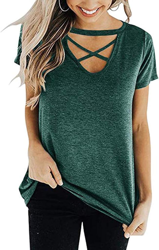 Blouses for Womens, FORUU Short Sleeve Knot Shirts Front Cross Tunic Loose Tops