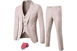 YND Men's Slim Fit 3 Piece Suit, One Button Solid Jacket Vest Pants Set with Tie