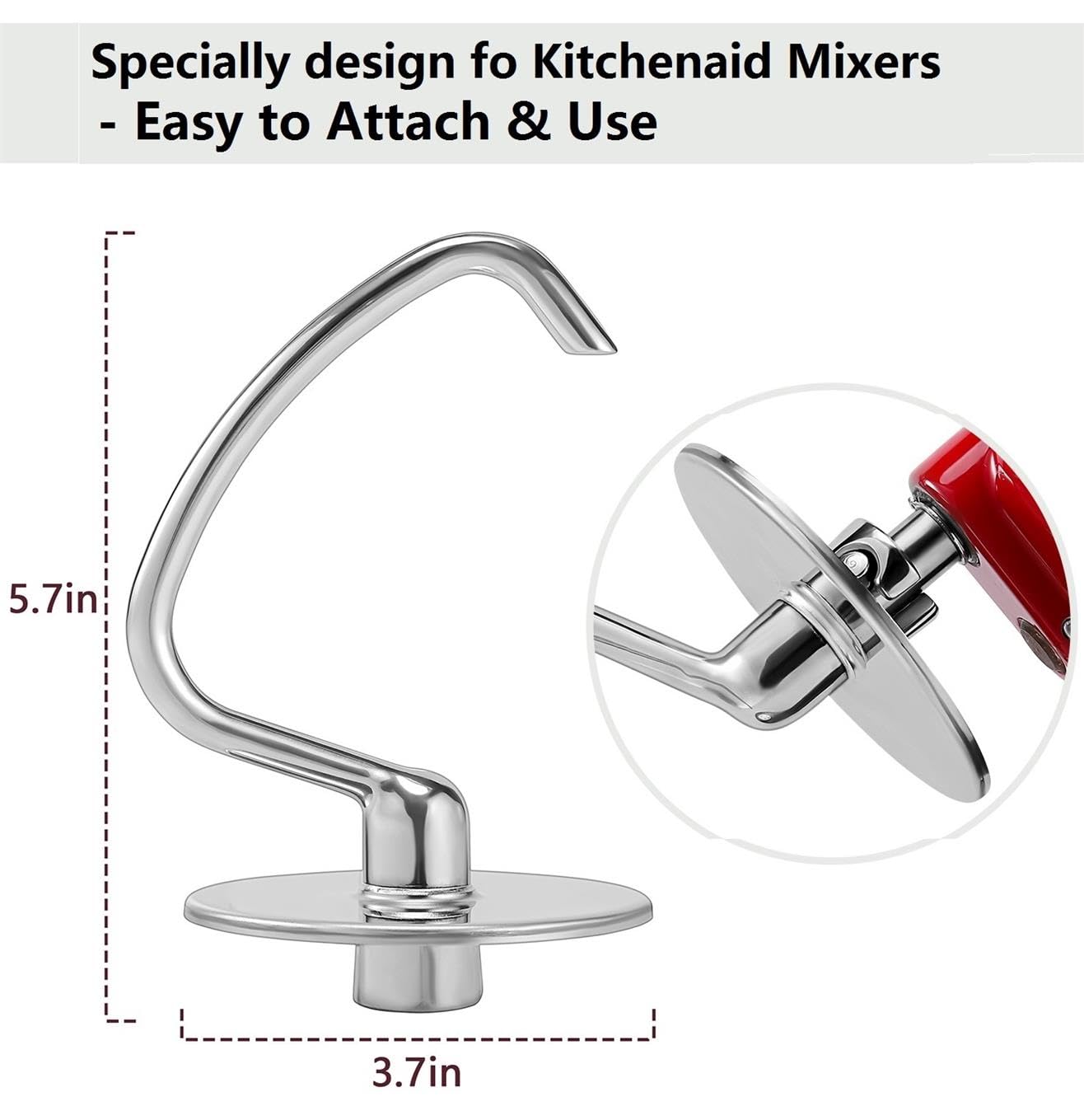Dough Hook for KitchenAid Tilt-head and 4.5-5.0 Quart Mixers, Polished Stainless Steel Dishwasher Safe Kneading Attachment for Bread,Pasta, Pizza...