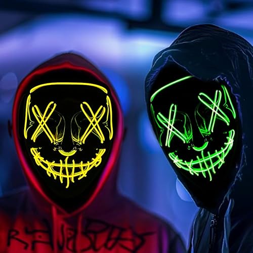 LKNBIF LED Halloween Light Up Mask, 3 Modes Light Up Led Mask, 2 PCS LED Anonymous Scary Masks for Adults, for Boys Kids Adult - Green+Yellow