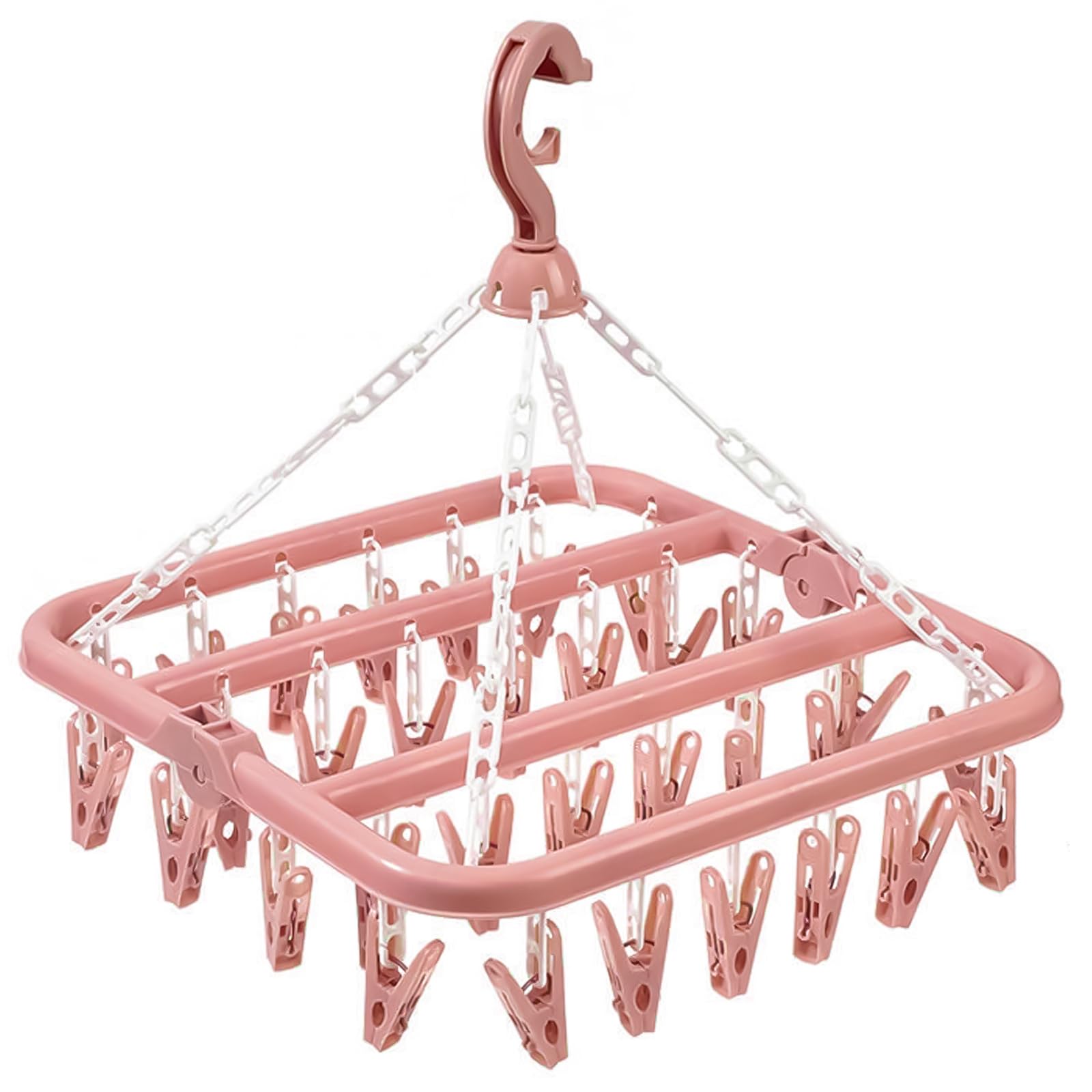 hautllaif Clothes Drying Hanger with 32 Clips, Foldable Design Multi-Functional Sock Dryer and Rotary Wind-sock hanger for washing line, Ideal Hanger for Socks, Underwear, Bras, Baby Clothes (Pink)