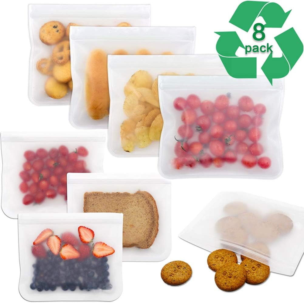 Odibess Reusable Food Storage Bags, 8 Pack Biodegradable Reusable PEVA Sandwich Bag, Airtight and Leak Proof/Ideal for Storage Food & Freezer Safe/Extra Thick Snack & Lunch Bag/FDA & BPA Approved