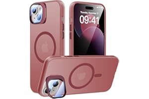 Meifigno Window Mag Series Designed for iPhone 15 Case, [Built-in Camera Stand & Compatible with MagSafe], Translucent Matte Back with Aluminum Alloy Keys, for iPhone 15 Case 6.1", Burgundy