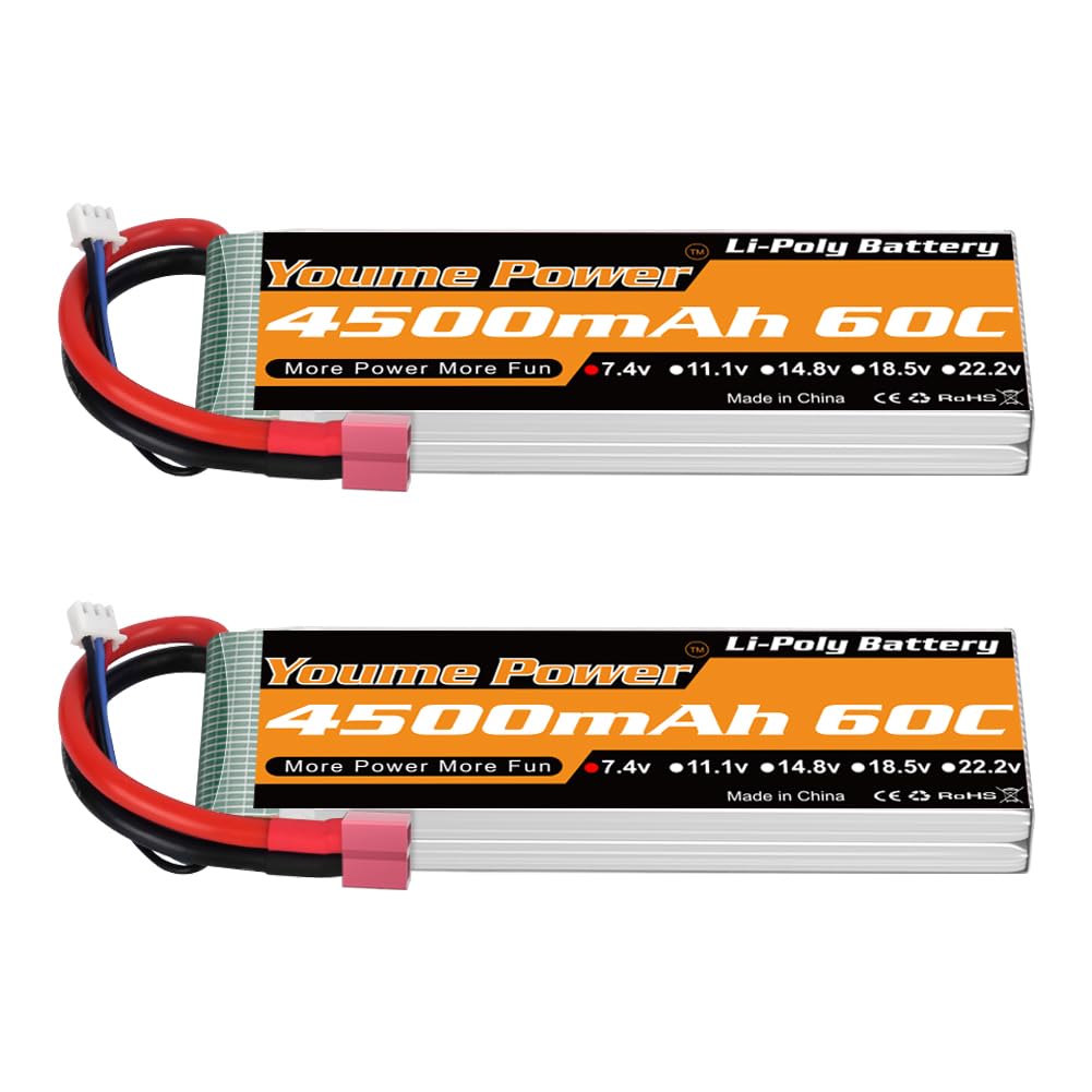 Youme Power 2S LiPo Battery, 7.4V RC Lipo Batteries 4500mAh 60C Soft Case with Dean-Style T Connector for 1/8 and 1/10 RC Vehicles Car Buggy Truggy Airplane Drone FPV(2 Packs)