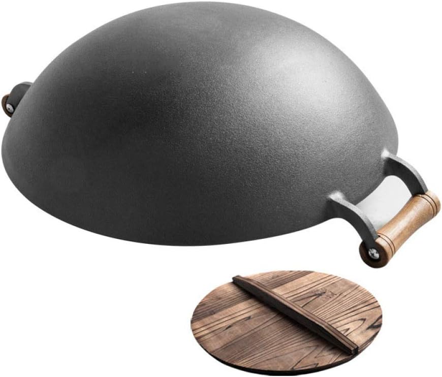 GWYX Cast Iron Wok Pan 40cm Old Wok Round Bottom with 2 Handles and Wooden Wok Lid,uncoated Thickened Home,Roundbottom