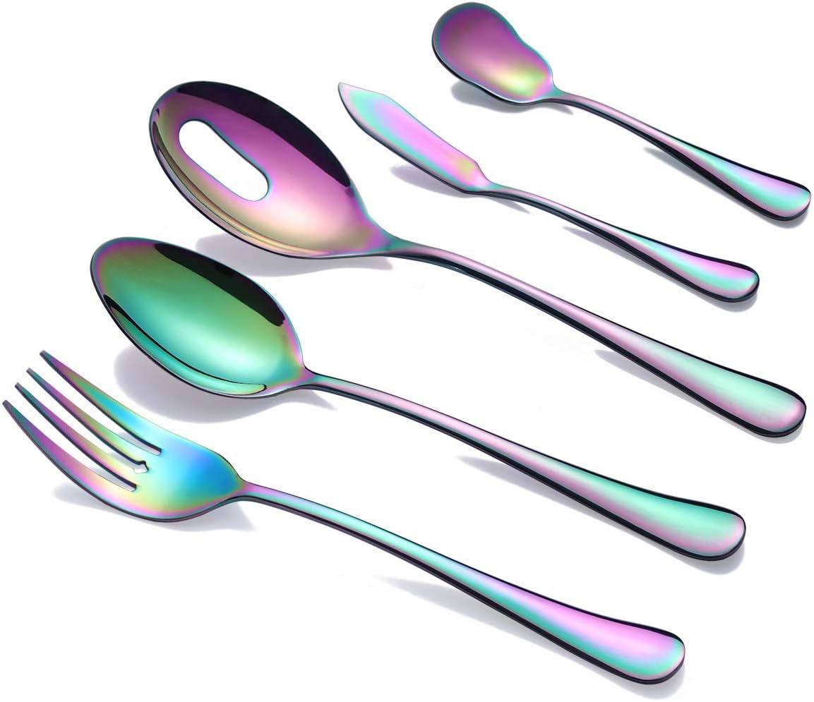 OMGard Serving Utensils Set Rainbow 5 Piece Dinner Serving Set 18/10 Stainless Steel Flatware Hostess Set Colorful Silverware Serving Spoon and Fork Slotted Spoon Butter Knife Sugar Spoon