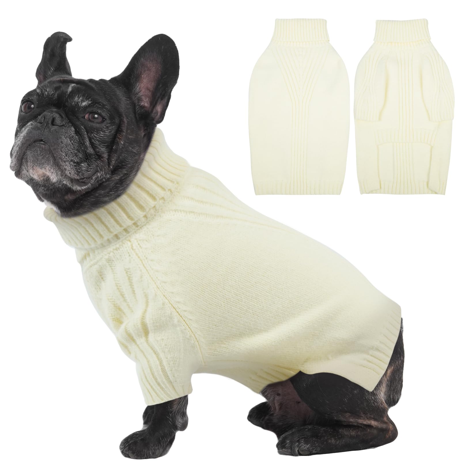 Photo 1 of IECOii Dog Sweaters for Medium Dogs Girl Boy,Holiday Knit Doggy Sweatshirt with Sleeve,Turtleneck Thick Warm Dog Sweaters for Winter,Pullover Knitwear for French Bulldog,Boston Terrier (White, L)