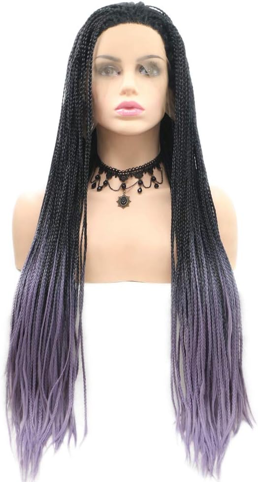 26inches Long Box Braids Wig Black Roots Ombre Purple Wig Synthetic Lace Front Wigs Braided Wig Natural Hairline Lilac Lavender Wig for Women Girls Free Part
