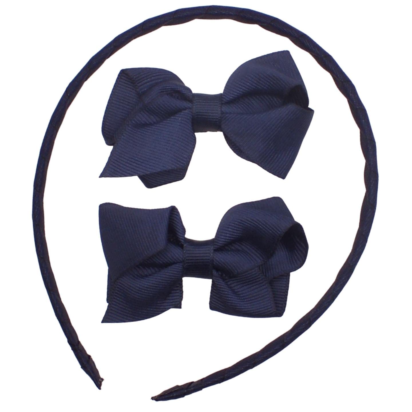 Topkids Accessories 3pc School Set Coloured 1cm Alice Band with Hair Bow Clips, Headbands for Girls, Girls Hair Bows, Hair Ribbon, Girls Hair Accessories Gift Set, Hair Accessories for Girls (Navy)