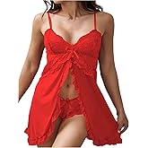 OYOANGLE Lingerie for Women Lace Sheer Open Front Chemise V Neck Mesh Babydoll Nightgowns Boudoir Nighty