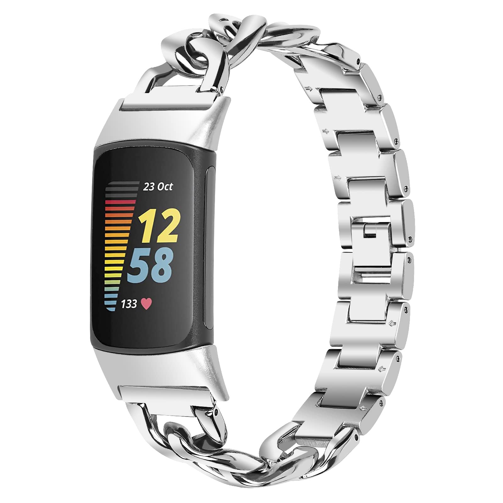 Gimuk Compatible with Fitbit Charge 5 Strap Metal Stainless Steel Adjustable Sport Replacement Watch Strap Band Wristbands Bracelet for Charge 5 Women Men (Silver)