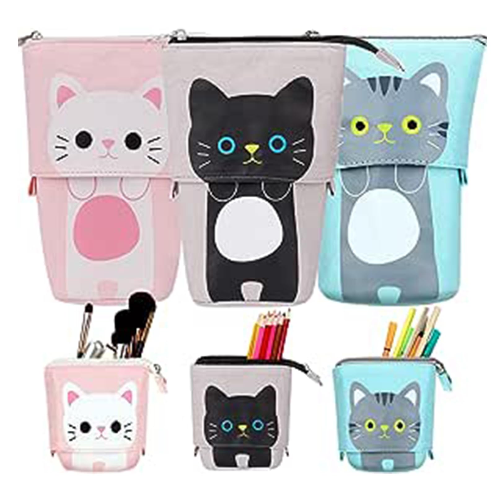 RoadLoo Pencil Case Fill, 3 Pieces Cartoon Pencil Case Telescoping Canvas Pencil Holder for Boys Girls Students Office Supplies for Girls School