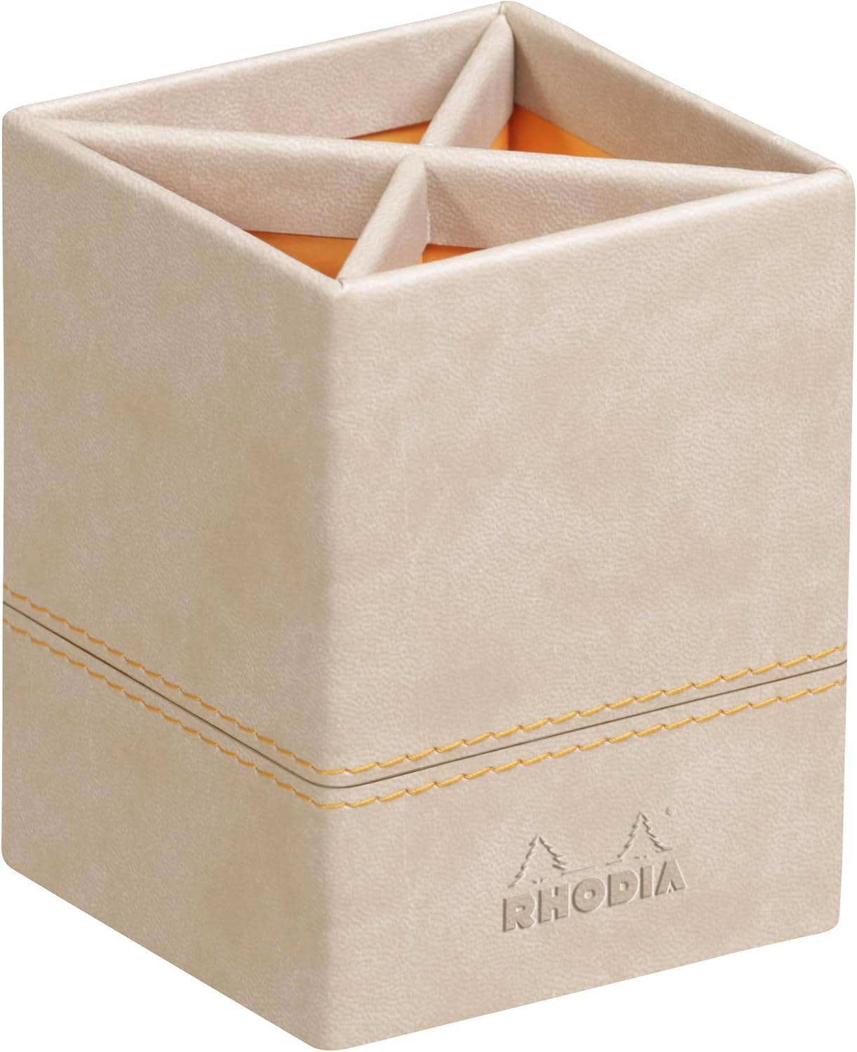 RHODIA 318815C - Beige Pencil Holder - 8x8x11 cm - Orange Saddle Stitching - Faux Leather Exterior - Rhodiarama Home Office Collection - Office Organization & Design Storage