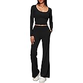 iGENJUN Women's 2 Piece Sets Long Sleeve Square Neck Low Rise Flare Leggings Sets Yoga Sweatsuit Tracksuits Lounge