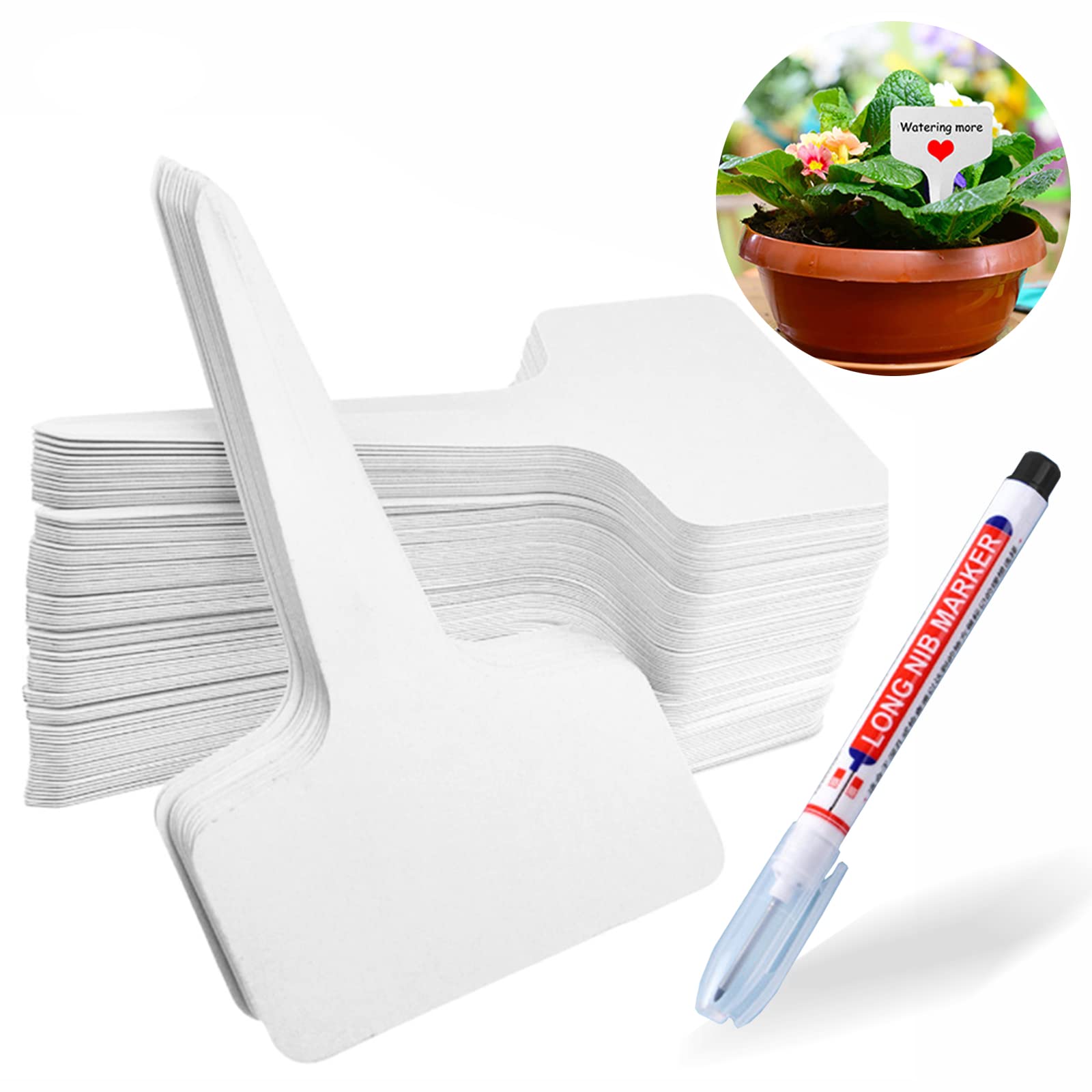 Plant Labels, 100Pcs Outdoor Plants Tag Marker and Pen Gardening Labels Greenhouse Accessories Plastic Reusable Seed Label for Potted Herbs (White)