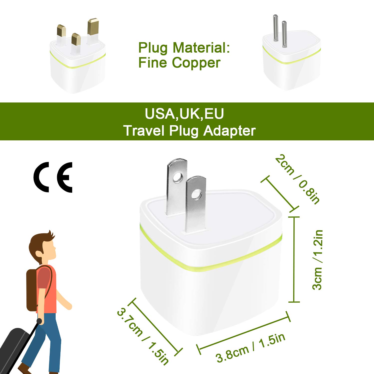 Travel Power Plug Adapter, USA, UK, EU Standard Plug, Universal & Grounded, 3 Pack
