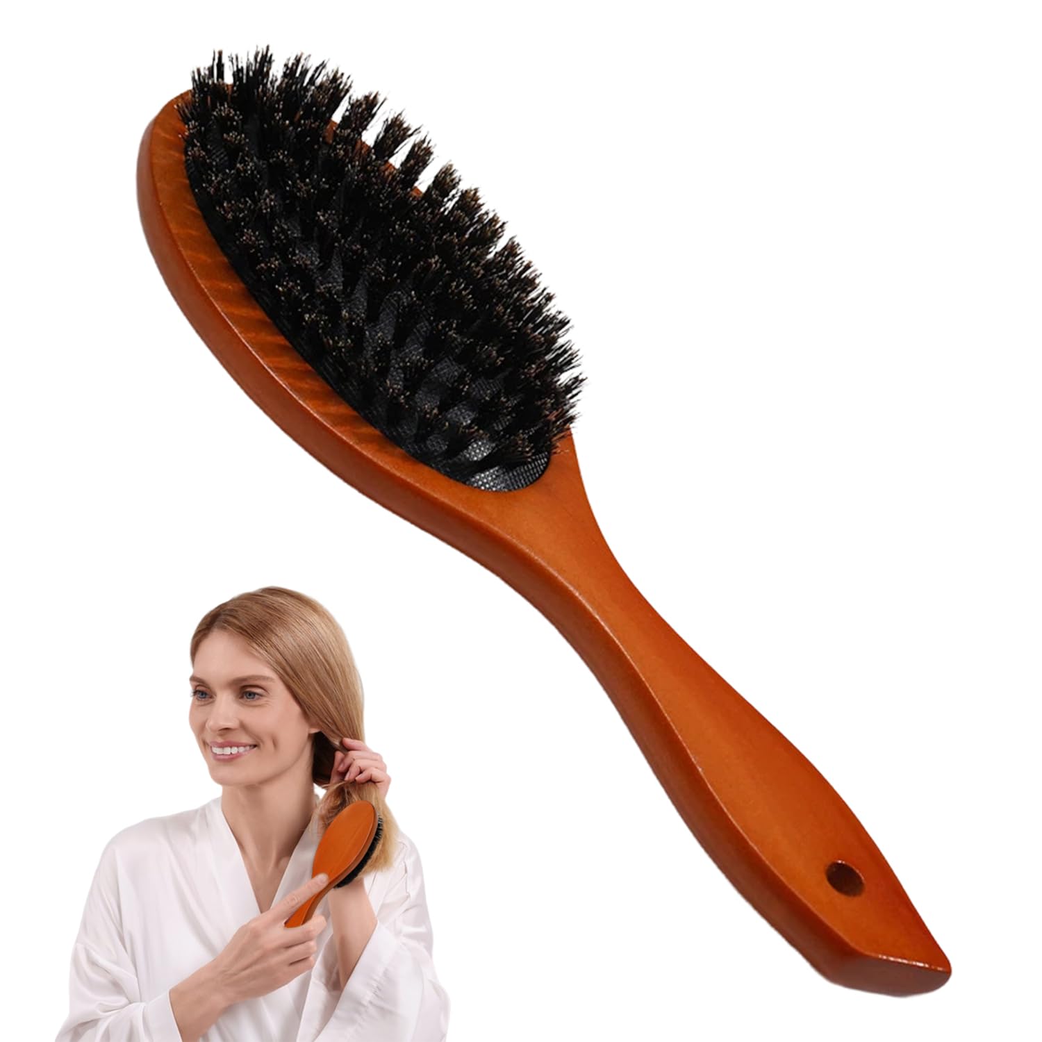 Boar Bristle Hair Brush - Slick Back for Thin & Fine Hair, Soft Round, Nylon Bristle for Wet, Dry, Curly, Damaged Hair