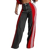knowfashionstyle Womens Jeans High Waisted Wide Leg Patchwork Stripes Stretchy Jean Color Block Straight Trendy Demin Pants