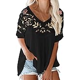 Melliflo Women's Floral Embroidered Tops V Neck Boho High-Low Hem Mexican Blouses Babydoll Peasant Shirts