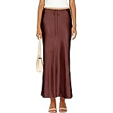 Skrtimory Womens Satin Silk Maxi Skirts Drawstring Flared Casual A-Line Long Skirt for Women