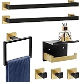 Dorudon Atrox 7-Piece Bathroom Set - Black & Gold Accessories Set - Square Towel Bar 2x23'', Hand Towel Rack, Toilet Paper Holder, 3x Towel Hook, Bathroom Hardware