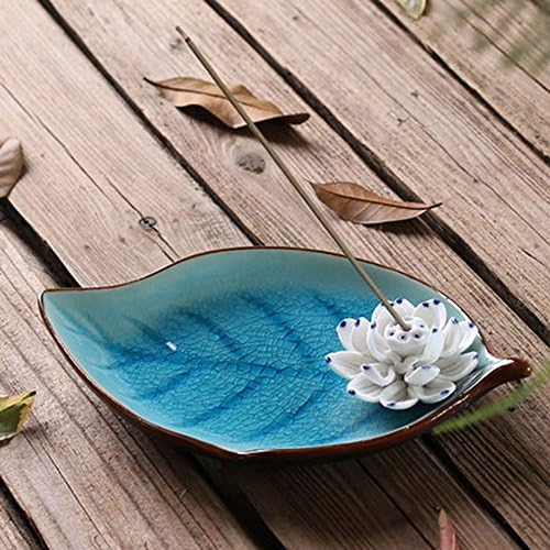 Corciosy Incense Stick Burner Holder-Ceramic Decorative Lotus Incense Burner Leaf-Incense Ash Catcher Tray Sky Blue
