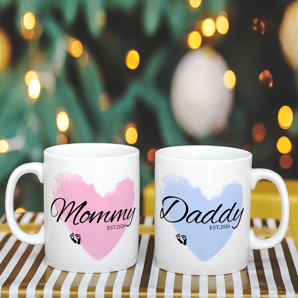 Daddy Mommy Est 2026 Mugs,New Parents Gifts First Time 2026, Pregnancy Announcement For Parents To Be, Baby Shower Gifts For Dad Mom Tea Cup 11 OZ