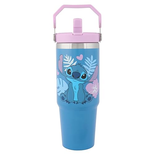 Disney Stitch 900ml Stainless Steel Tourer with Top Swing Handle, Lid and Straw – Official Merchandise by Polar Gear - Insulated Cold Drinks Tumbler