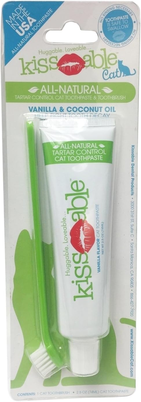 Kissable Cat Dental Kit Contains All-Natural Toothpaste + Small Toothbrush | Best Toothpaste and Toothbrush for Cats | Made in USA, Cats & Kittens
