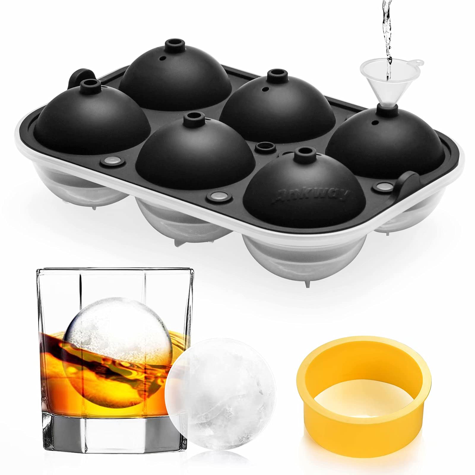 Ankway Ice Cube Tray, 65 mm Silicone Ice Cube Tray, Large Ball Tray, Double Leak-Proof Design with Pressure Ring for Whisky Scotch Cocktails Beer Juice Chocolate Sweets