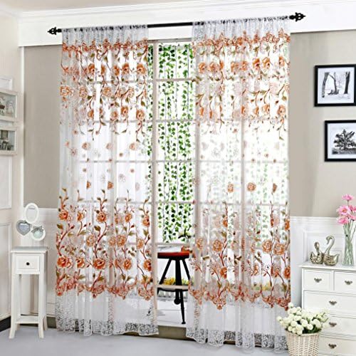 Xiting Modern Design Room 1PC Perforated Drape Panel Curtain Wave Perspective Yarn Window Screening Curtain Peony Floral Printed Pattern (Coffee)