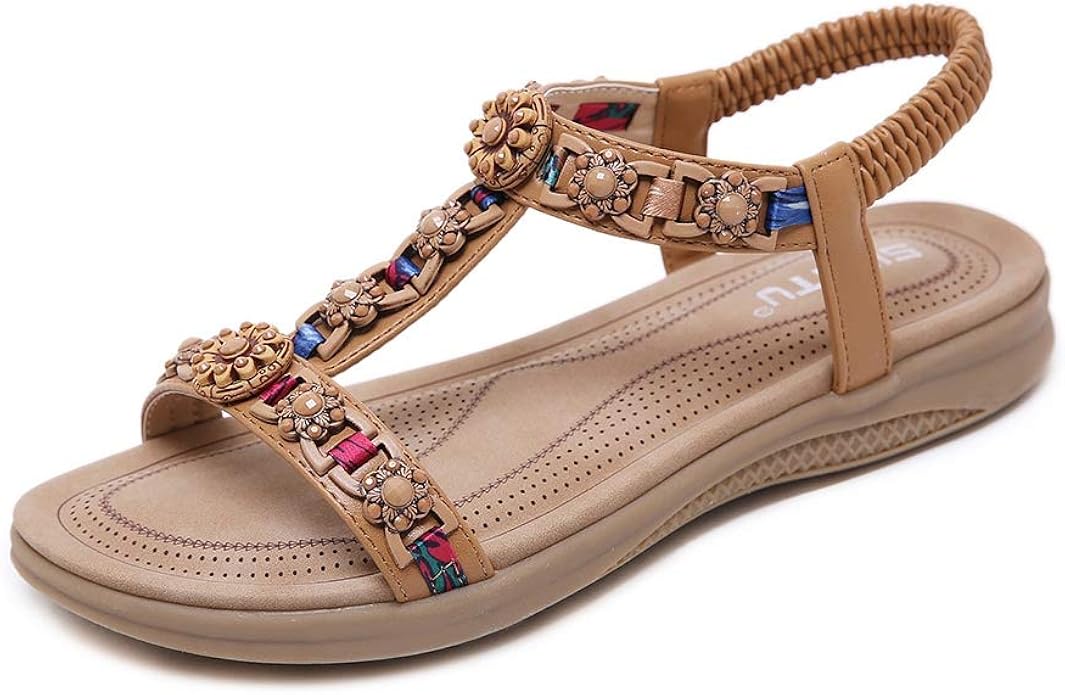 Amazon.com | Meeshine Flat Sandals for Women Comfort Summer Beach Bohemia Ankle T-Strap 