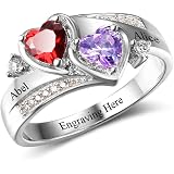 Sterling Silver Personalized Ring With 2 Simulated Birthstones – Custom Engraved Names Promise/Mother-Daughter Ring - View #7