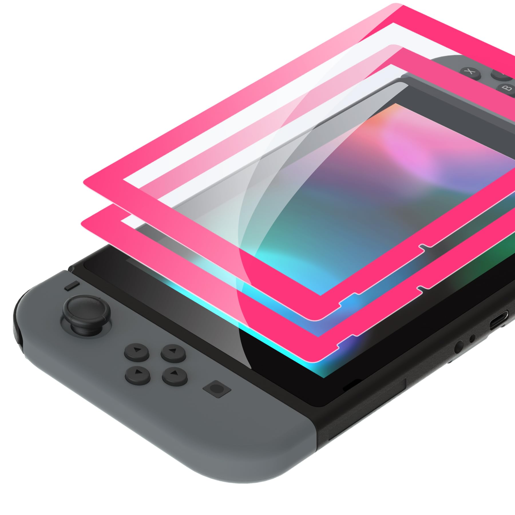 eXtremeRate 2 Pack Bright Pink Border Transparent HD Clear Saver Protector Film, Tempered Glass Screen Protector for Nintendo Switch [Anti-Scratch, Anti-Fingerprint, Shatterproof, Bubble-Free]