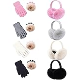 Ukontagood 8 Pcs Kids Winter Earmuffs Kid Magic Gloves Set, Plush Earmuffs and Gloves for Toddler Baby Girls 5-12 Years Old Winter Ear Warmer Set (Black+White+Gray+Pink)