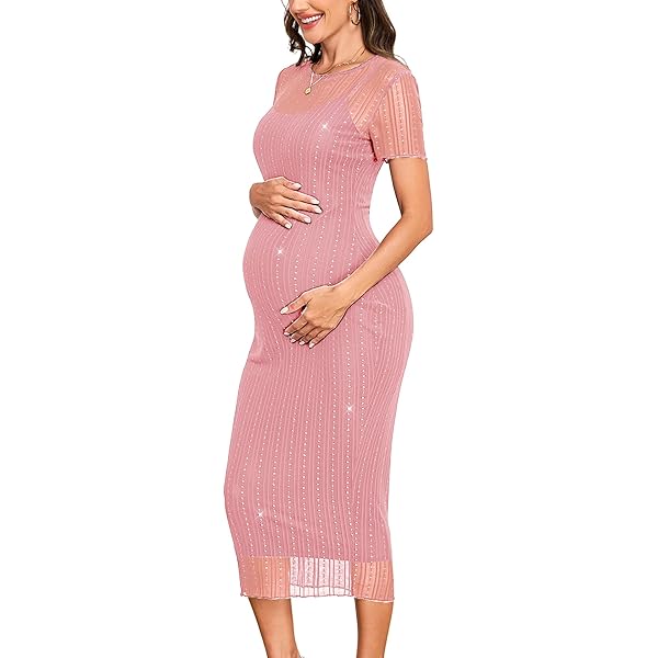 Floral Mesh Bishop Short Sleeve Maternity Midi Dress, Side Split Maternity  Bodycon Dress for Baby Shower/Photoshoot Green S at Amazon Women's Clothing  store