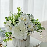 TKAS Fake Flowers Arrangement in Ceramic Vase, Artificial Faux Silk Roses & Hydrangea, Small Realistic Dried-Style Floral Dining Table Centerpiece for Wedding Party Home Decoration (White)