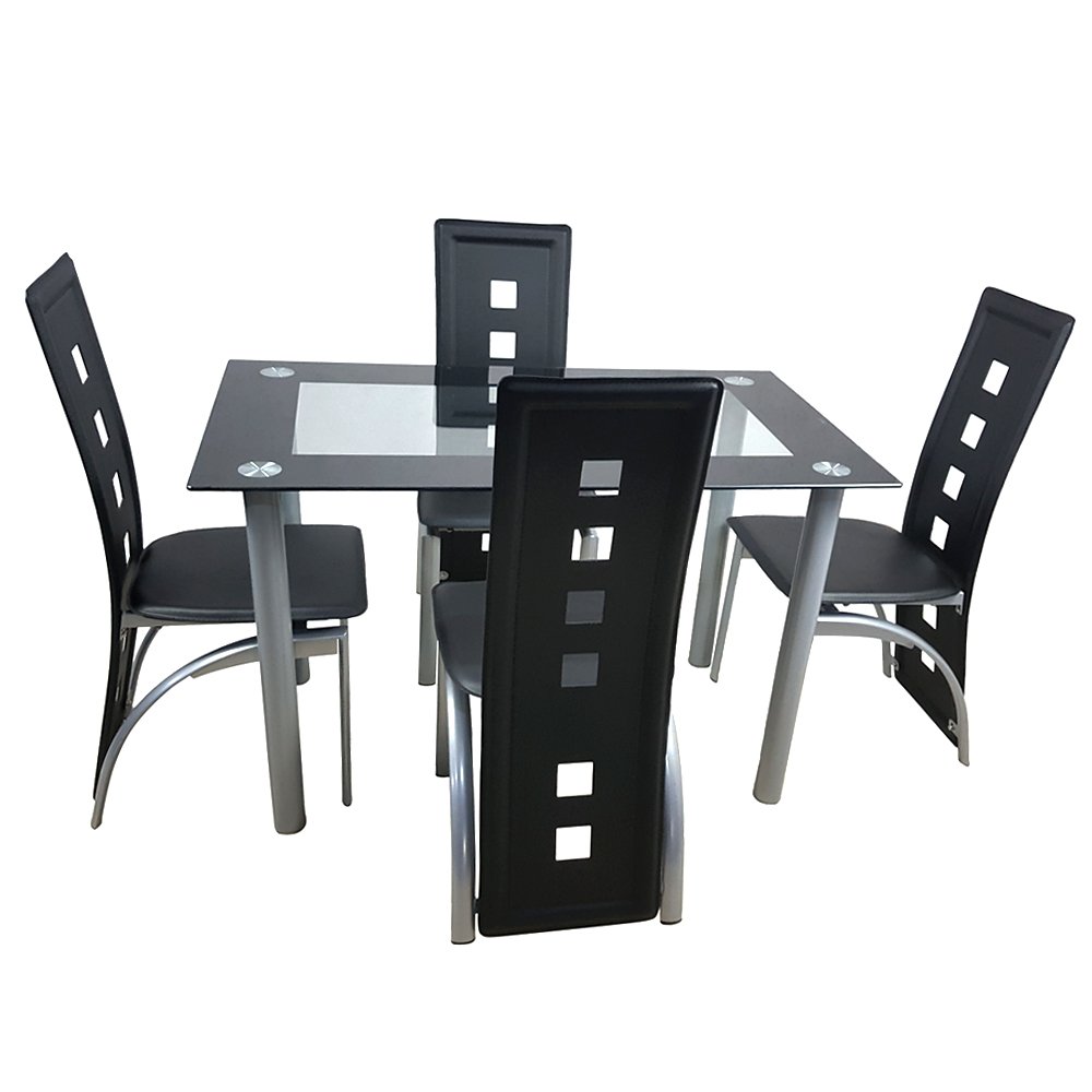 Kitchen Dining Table Set,5 Pieces Modern Dining Room Table Set w/ Tempered Glass Top & 4 High Back Leather Chairs Dinette Set for 4,Sturdy Metal Frame Kitchen Breakfast Furniture Counter Height,Black