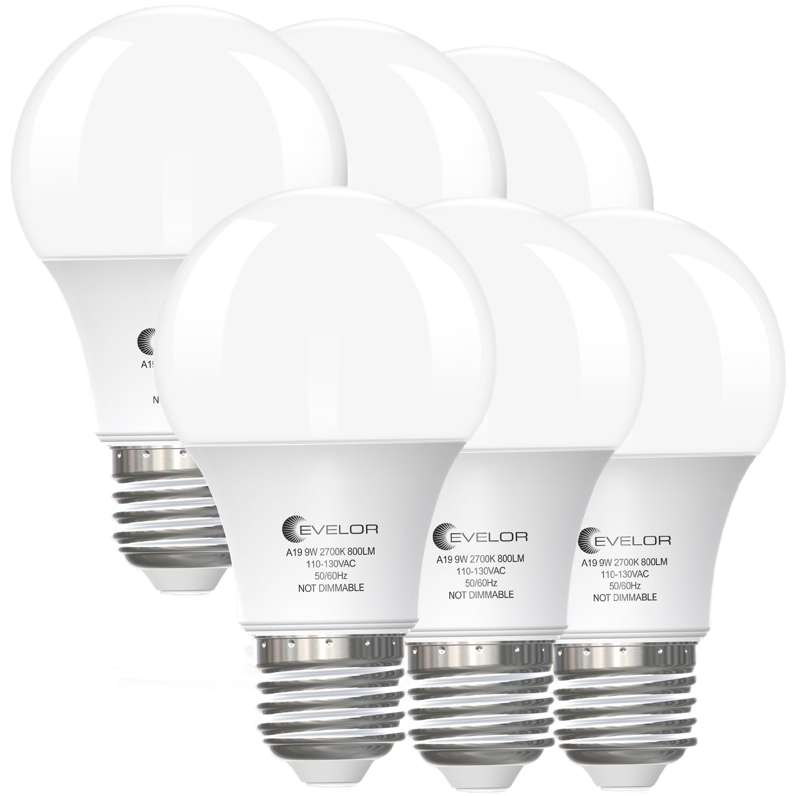 Photo 1 of evelor 6-Pack A19 LED Light Bulbs,60 Watt Equivalent Soft White 2700K with E26 Base,Efficient 9W,800 Lumens Non-Dimmable Warm White LED Bulbs,15000 Hours, Ideal for Bedroom Living Room